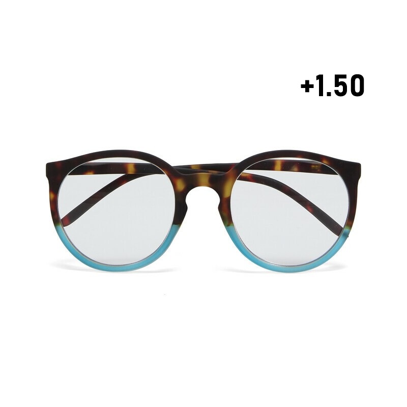Occhiale da lettura con montatura tonda di colore havana blu, lenti da lettura +1.50 diottrie, include astuccio e panno in microfibra